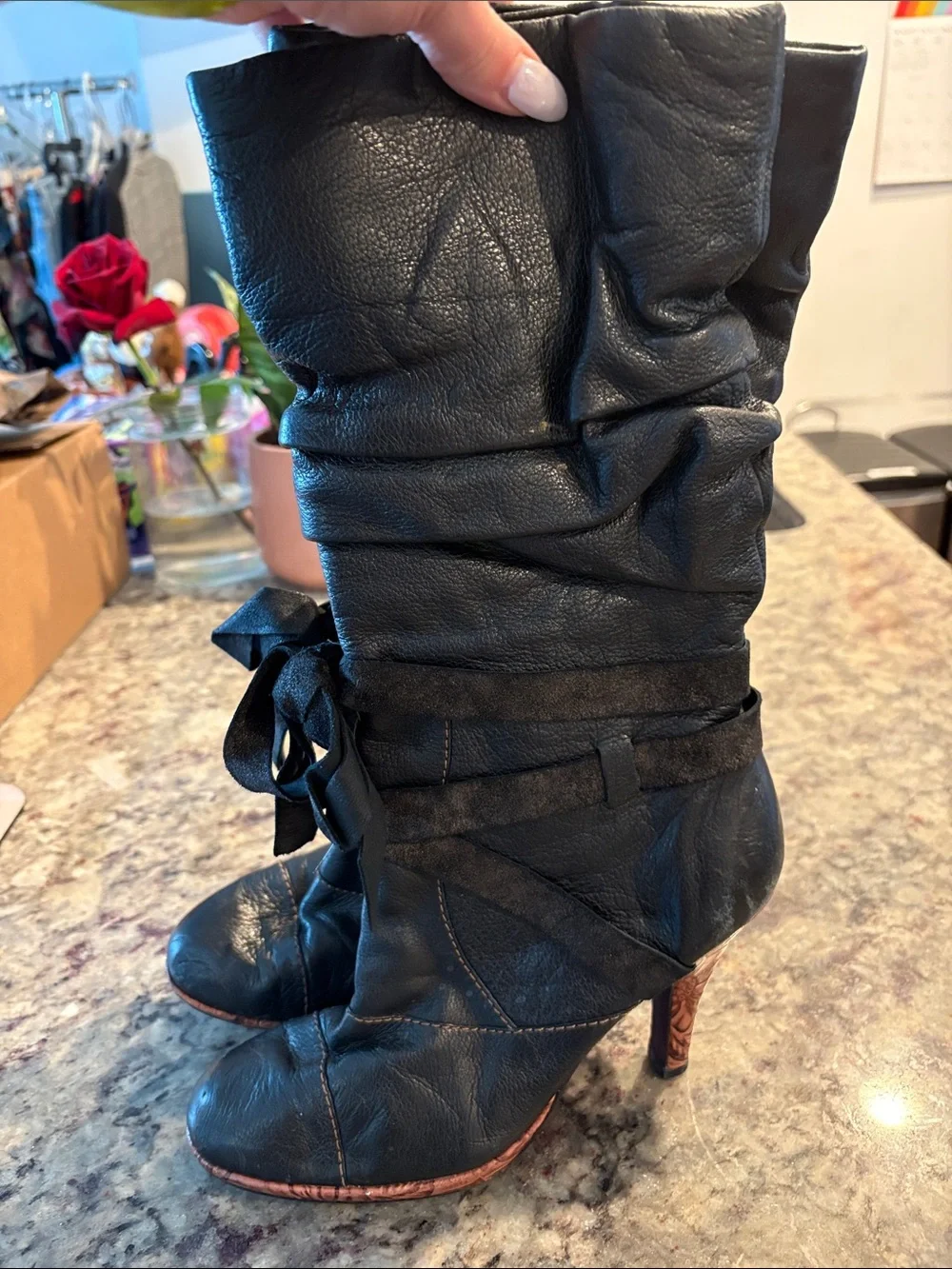 Kensie Black Over-the-Knee Leather Boots with Ribbon Ties